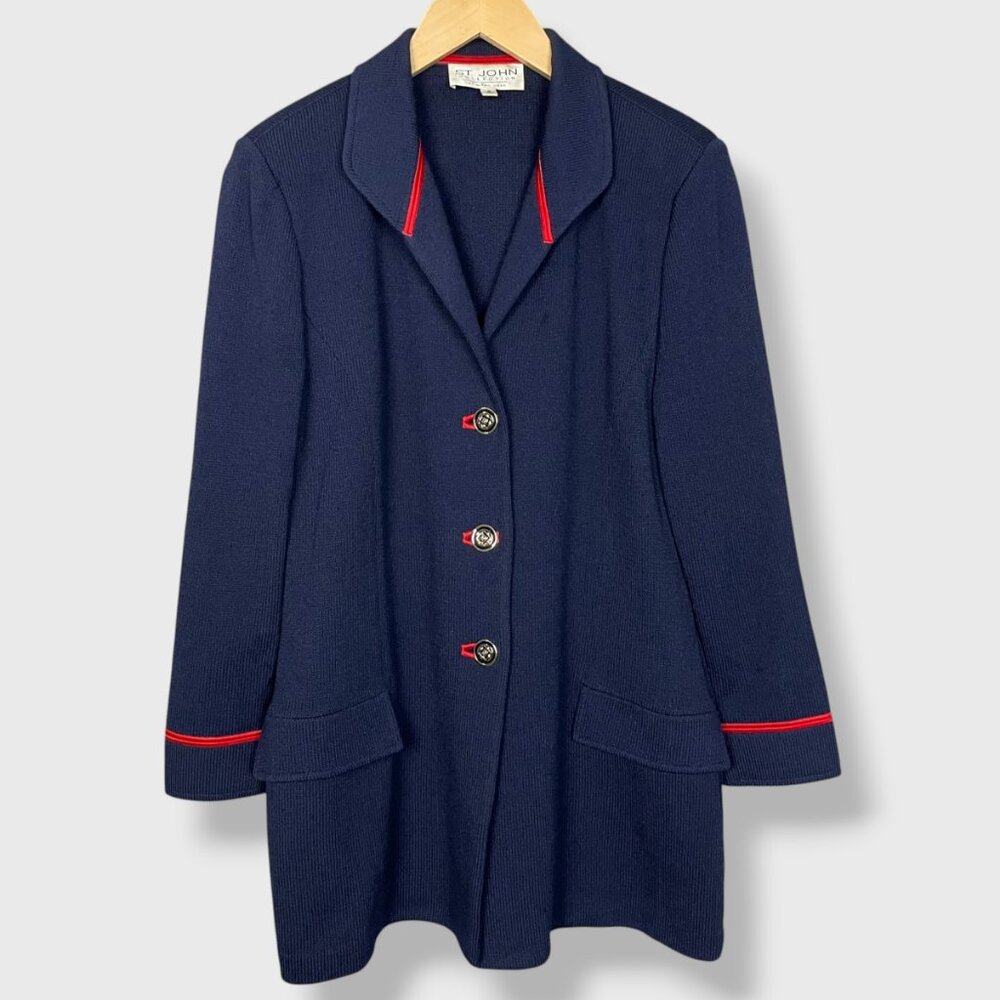 St. John Knit Jacket Navy Blue Santana Sz 10 Nautical Coastal Women FLAWS